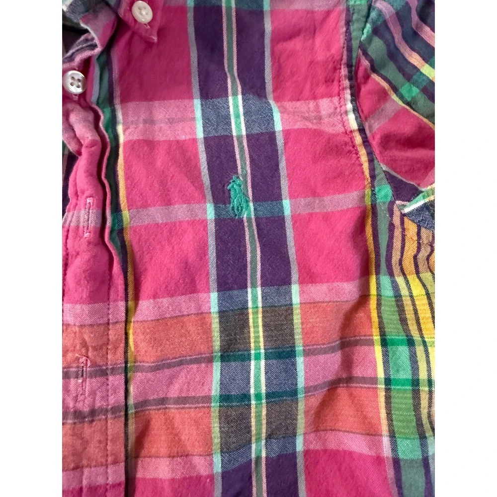 Ralph Lauren Boys Pink Plaid Short Sleeve Button Down Shirt Size 4 4T Cotton